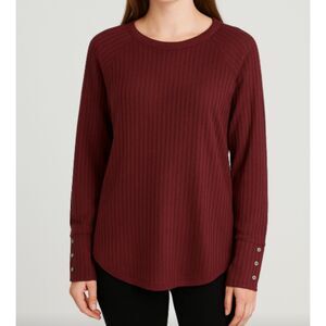 Chaser Women’s Waffle Knit Long Sleeve Top Button Cuff Burgundy Wine Size Small